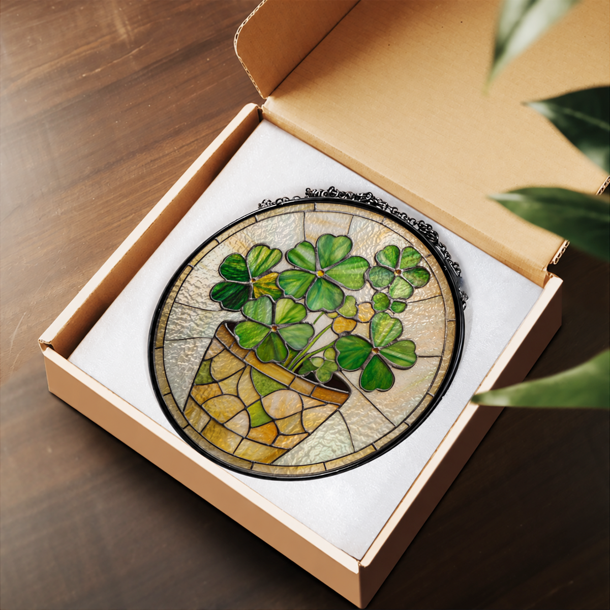 Potted Four Leaf Clover in Basket stained glass suncatcher – flat printed artwork design