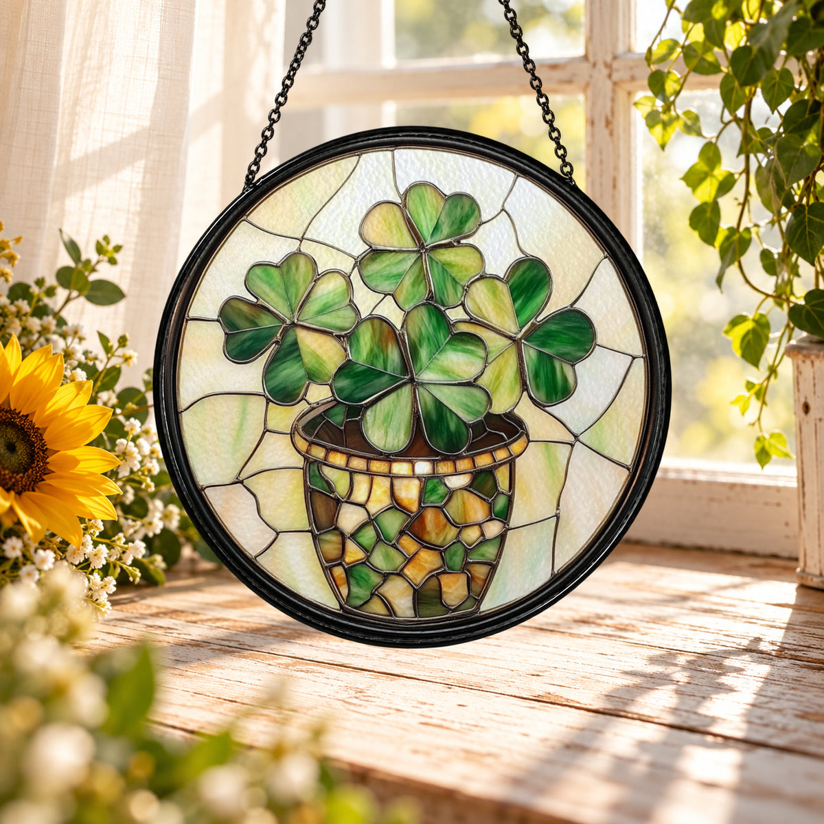 Potted Four Leaf Clover Plant stained glass suncatcher window hanging – front design view