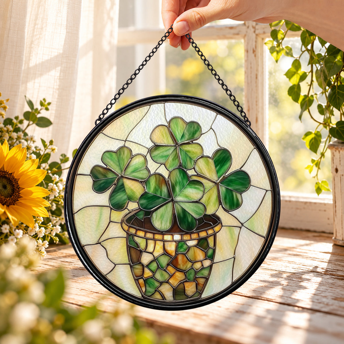 Potted Four Leaf Clover Plant round stained glass window hanging – second gallery view