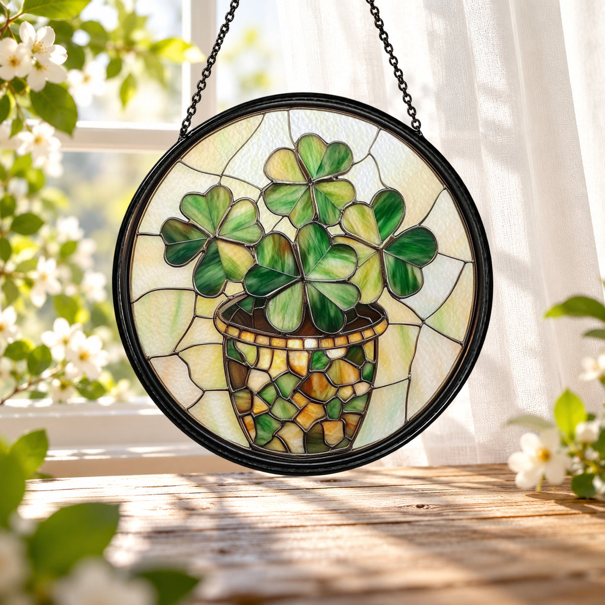 Potted Four Leaf Clover Plant stained glass window suncatcher – third gallery view