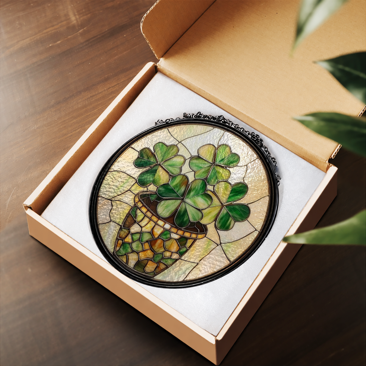 Potted Four Leaf Clover Plant stained glass suncatcher – flat printed artwork design