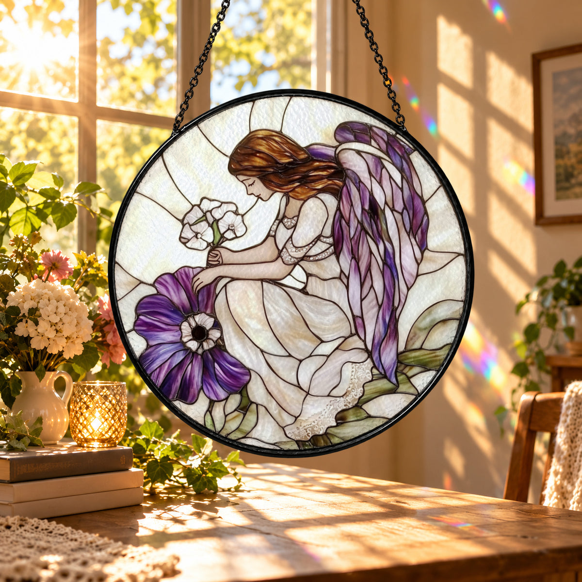 Praying Angel with Violet Flowers stained glass suncatcher window hanging – front design view