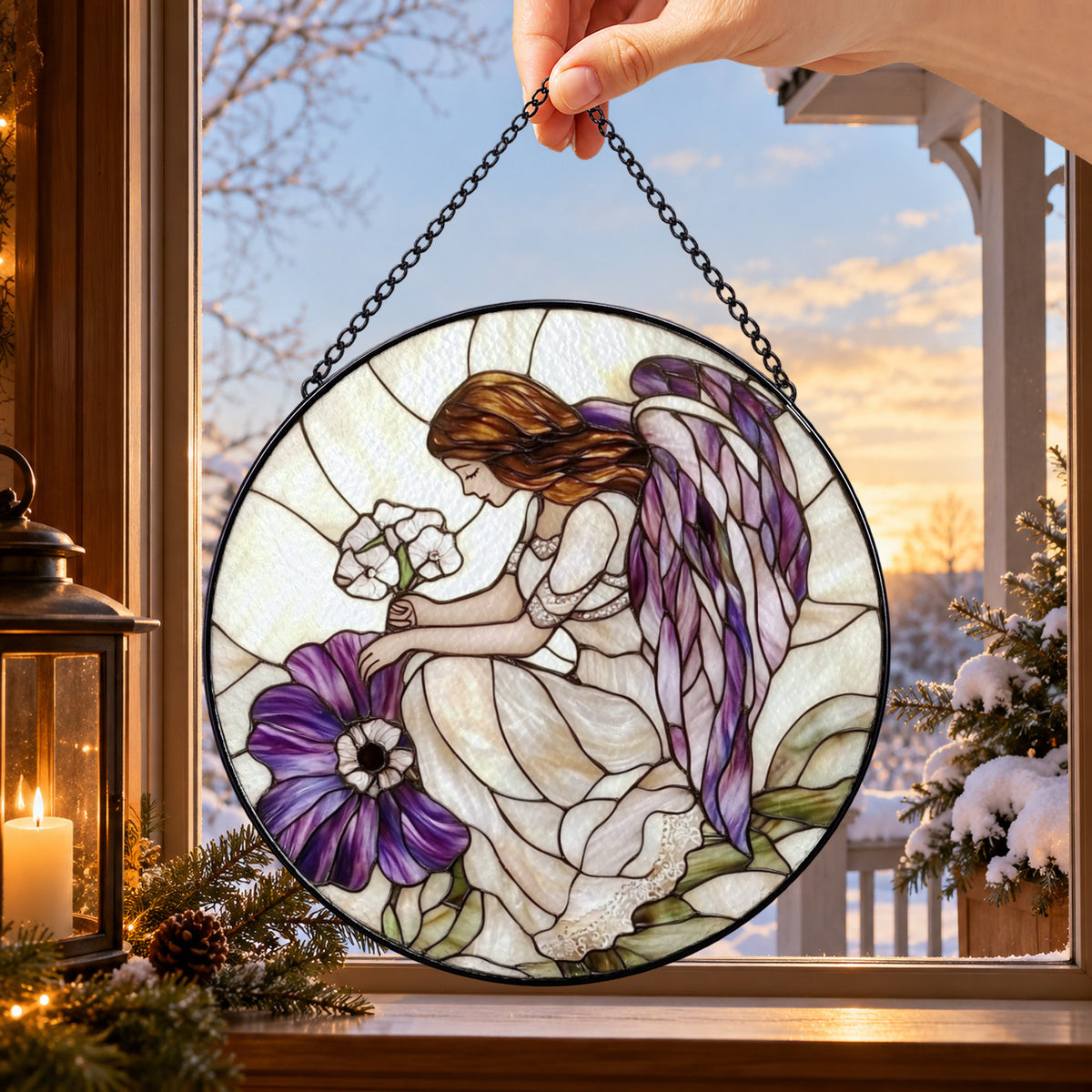 Praying Angel with Violet Flowers round stained glass window hanging – second gallery view