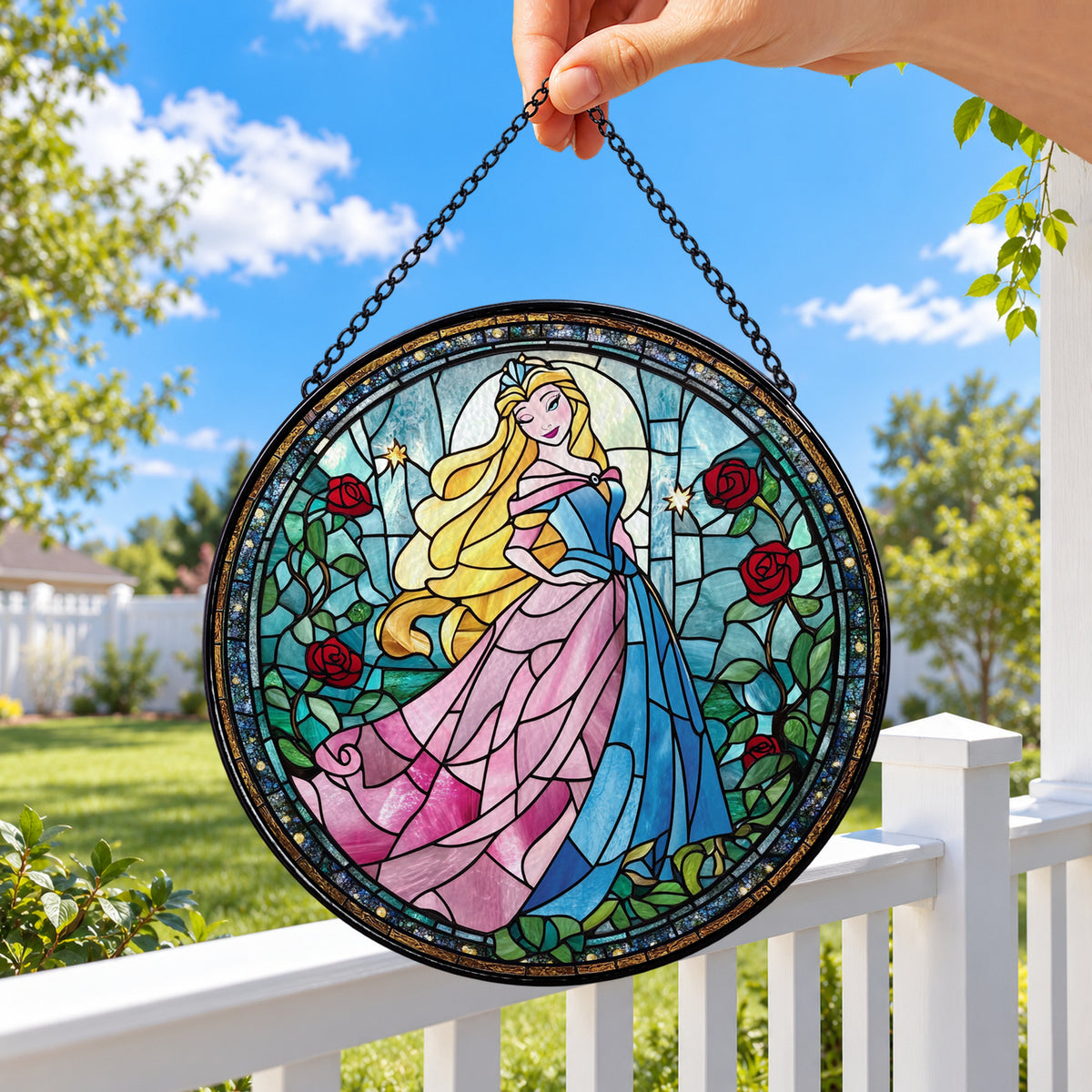 Princess in Pink Dress among Flowers round stained glass window hanging – second gallery view