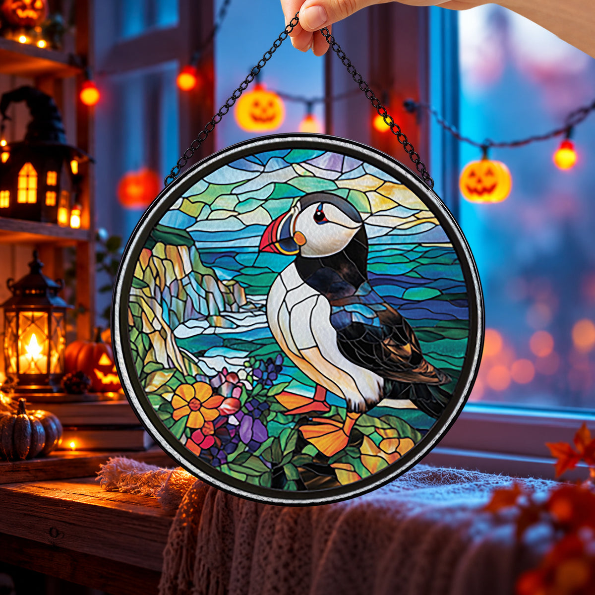 Puffin Bird on Coastal Cliffs round stained glass window hanging – second gallery view
