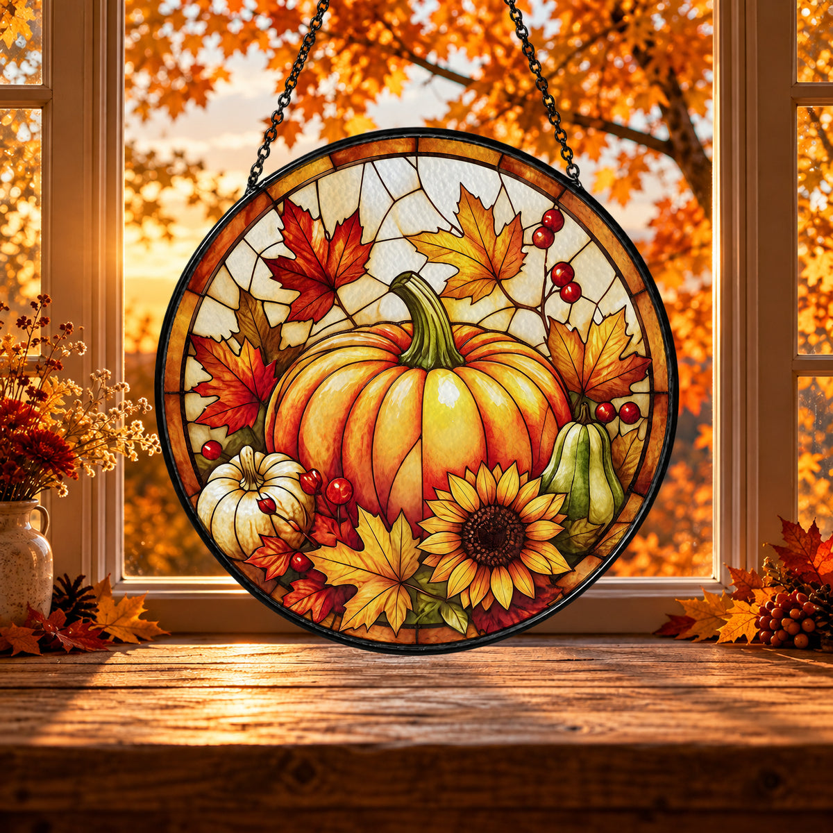 Pumpkin with Autumn Sunflowers stained glass window suncatcher – third gallery view
