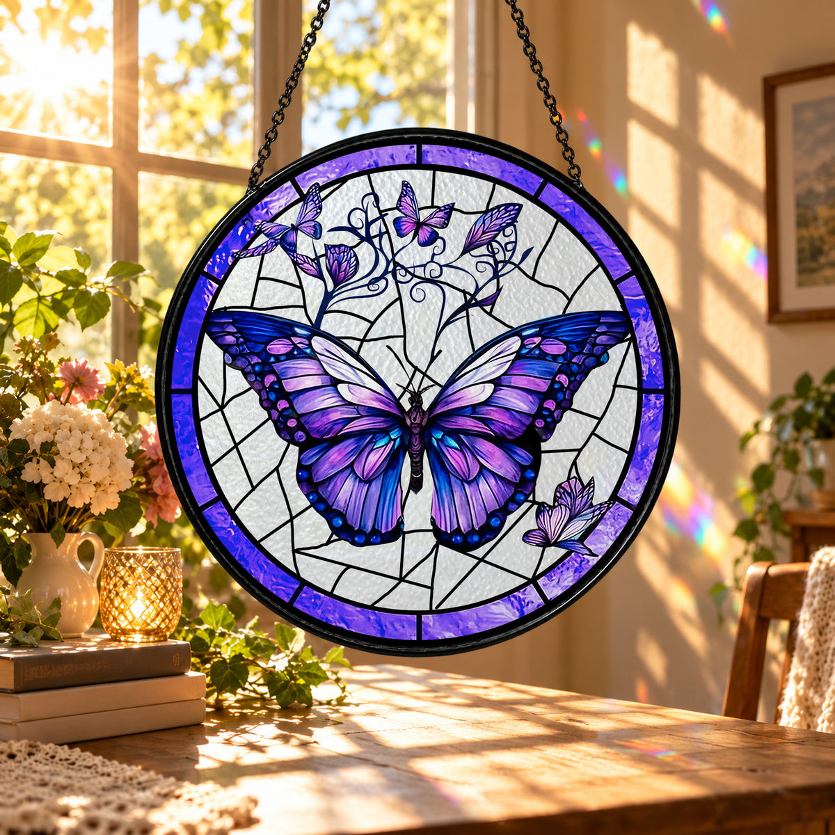 Purple Butterfly on Mosaic Flowers stained glass suncatcher window hanging – front design view