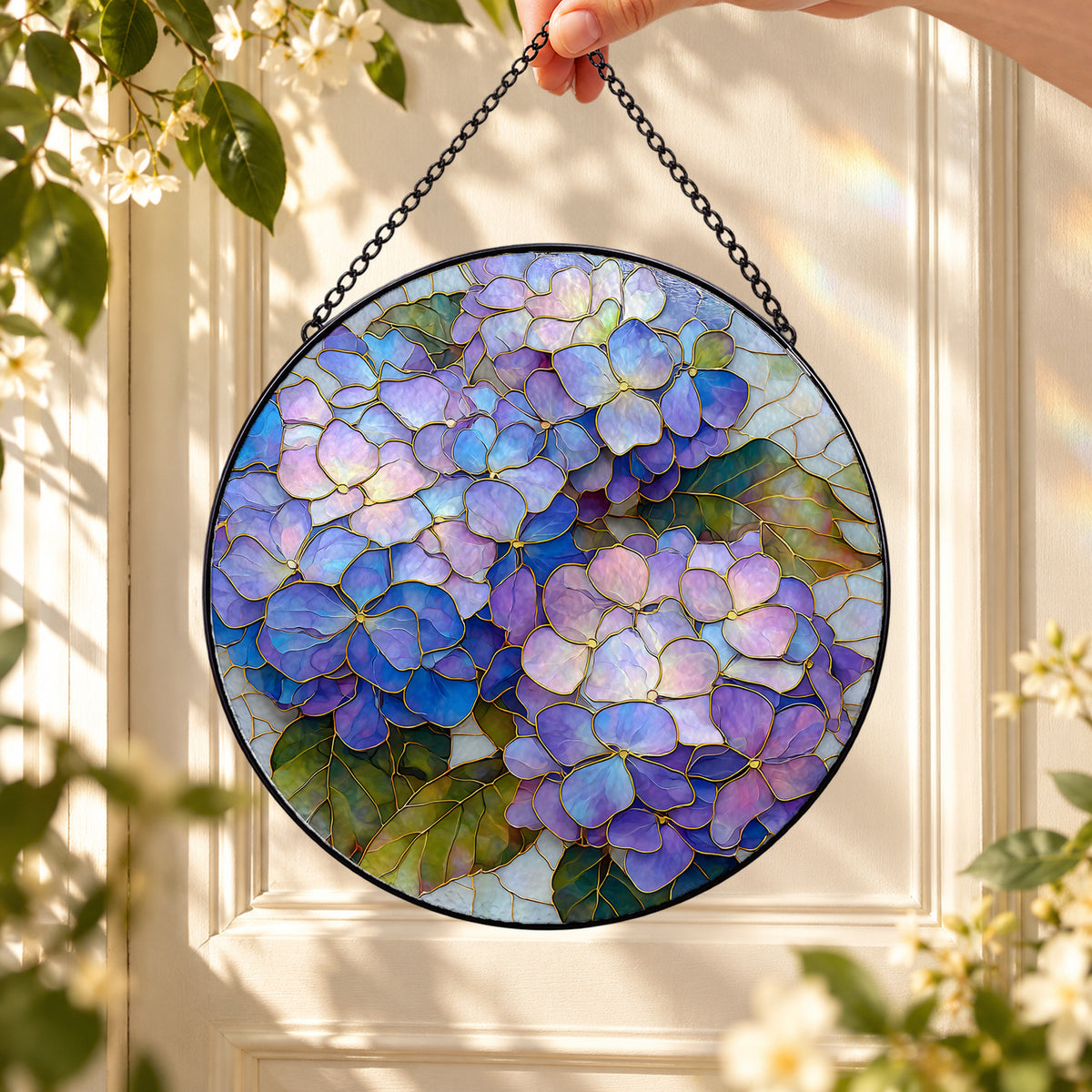 Purple Hydrangea Flower Cluster round stained glass window hanging – second gallery view