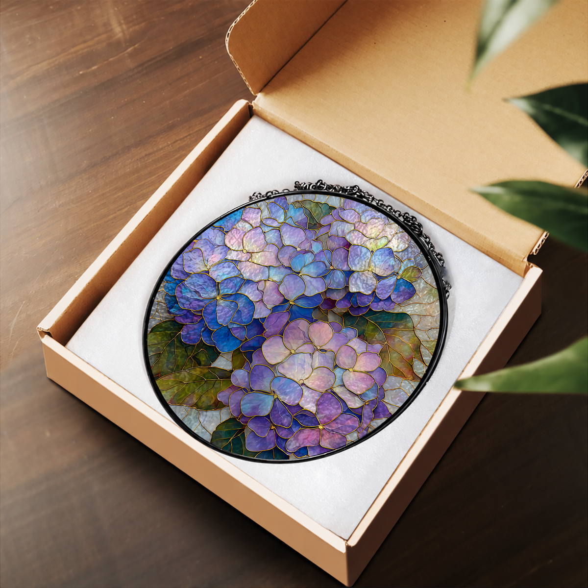 Purple Hydrangea Flower Cluster stained glass suncatcher – flat printed artwork design