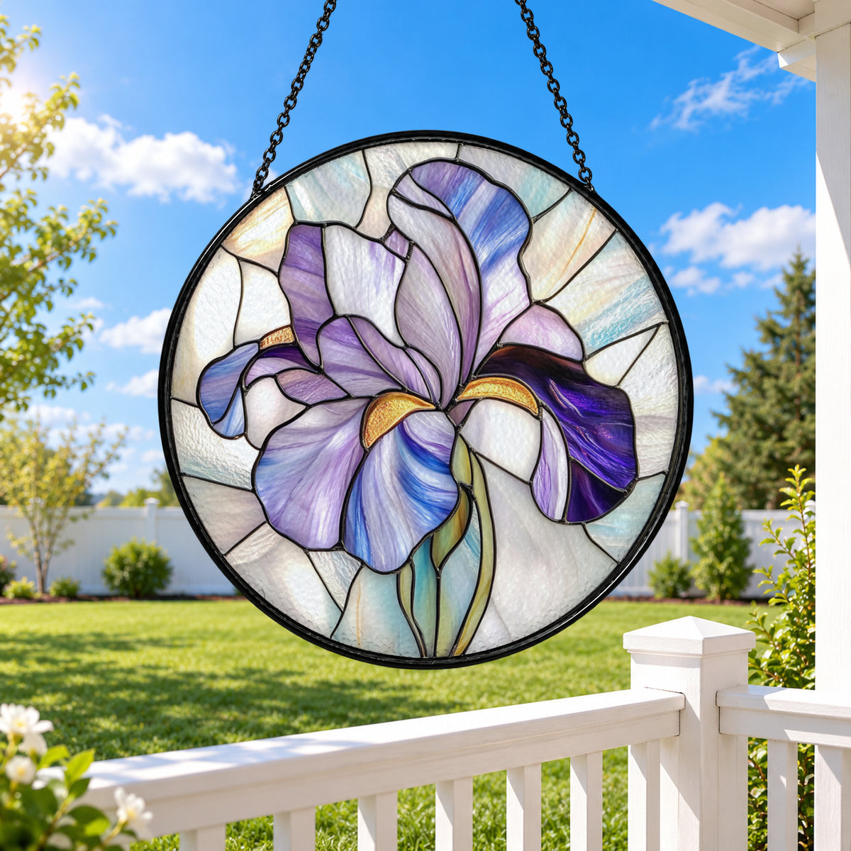 Purple Iris in Bloom stained glass window suncatcher – third gallery view