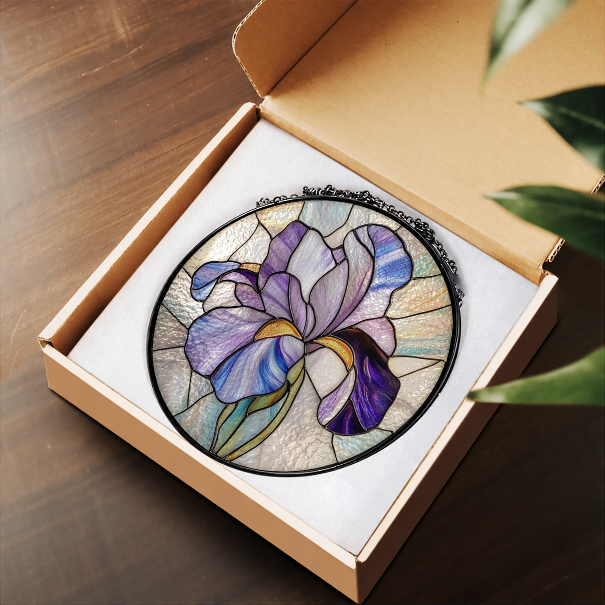 Purple Iris in Bloom stained glass suncatcher – flat printed artwork design