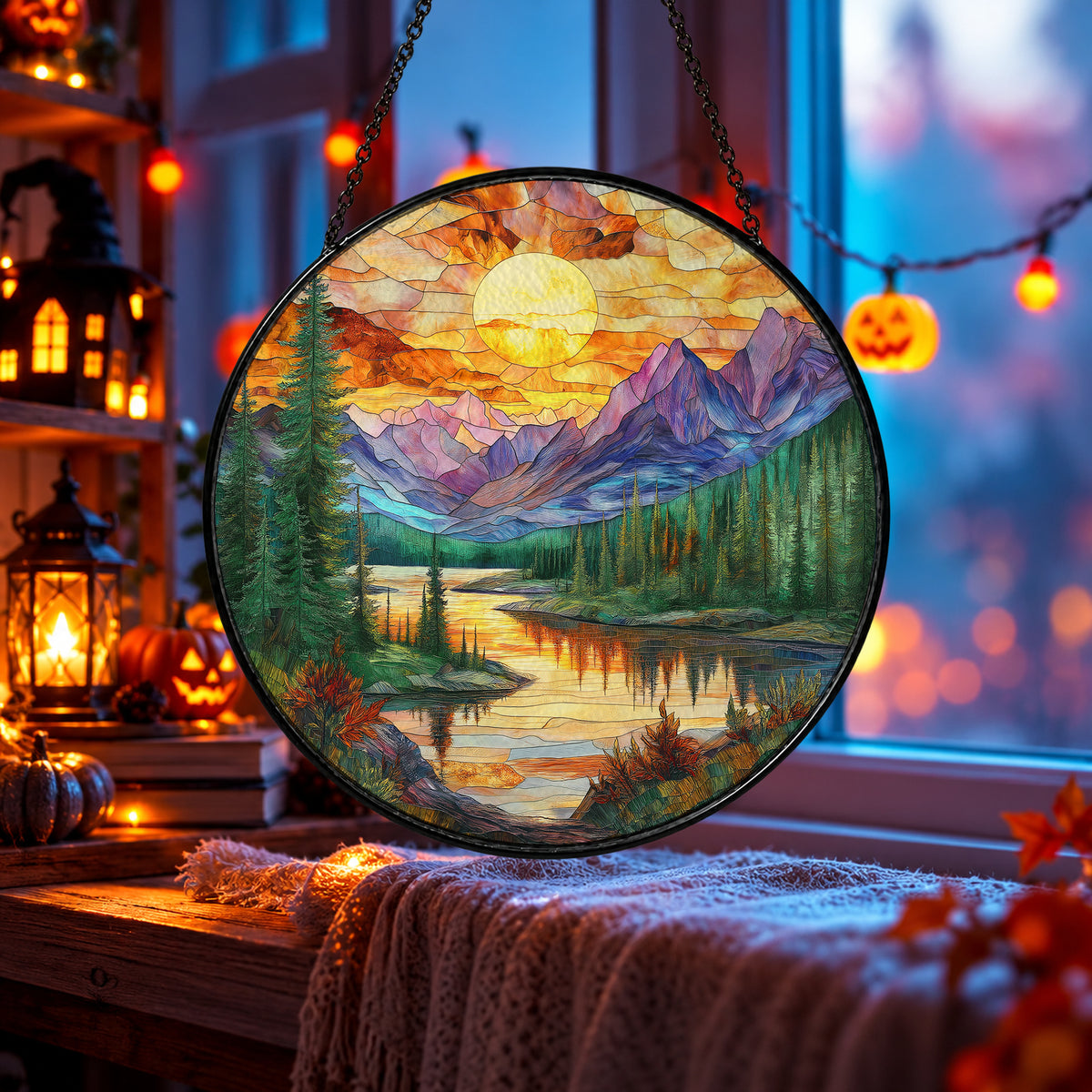 Purple Mountain Lake Sunrise stained glass window suncatcher – third gallery view