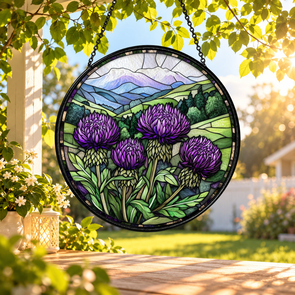 Purple Thistle Flowers and Hills stained glass window suncatcher – third gallery view