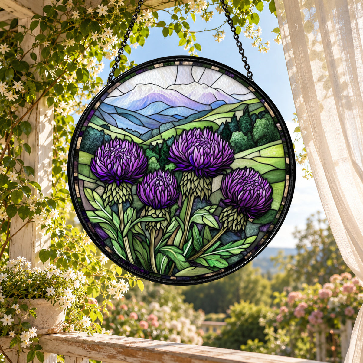 Purple Thistle Meadow and Mountains stained glass suncatcher window hanging – front design view