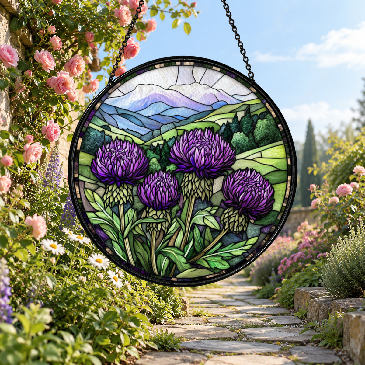 Purple Thistle Meadow and Mountains stained glass window suncatcher – third gallery view