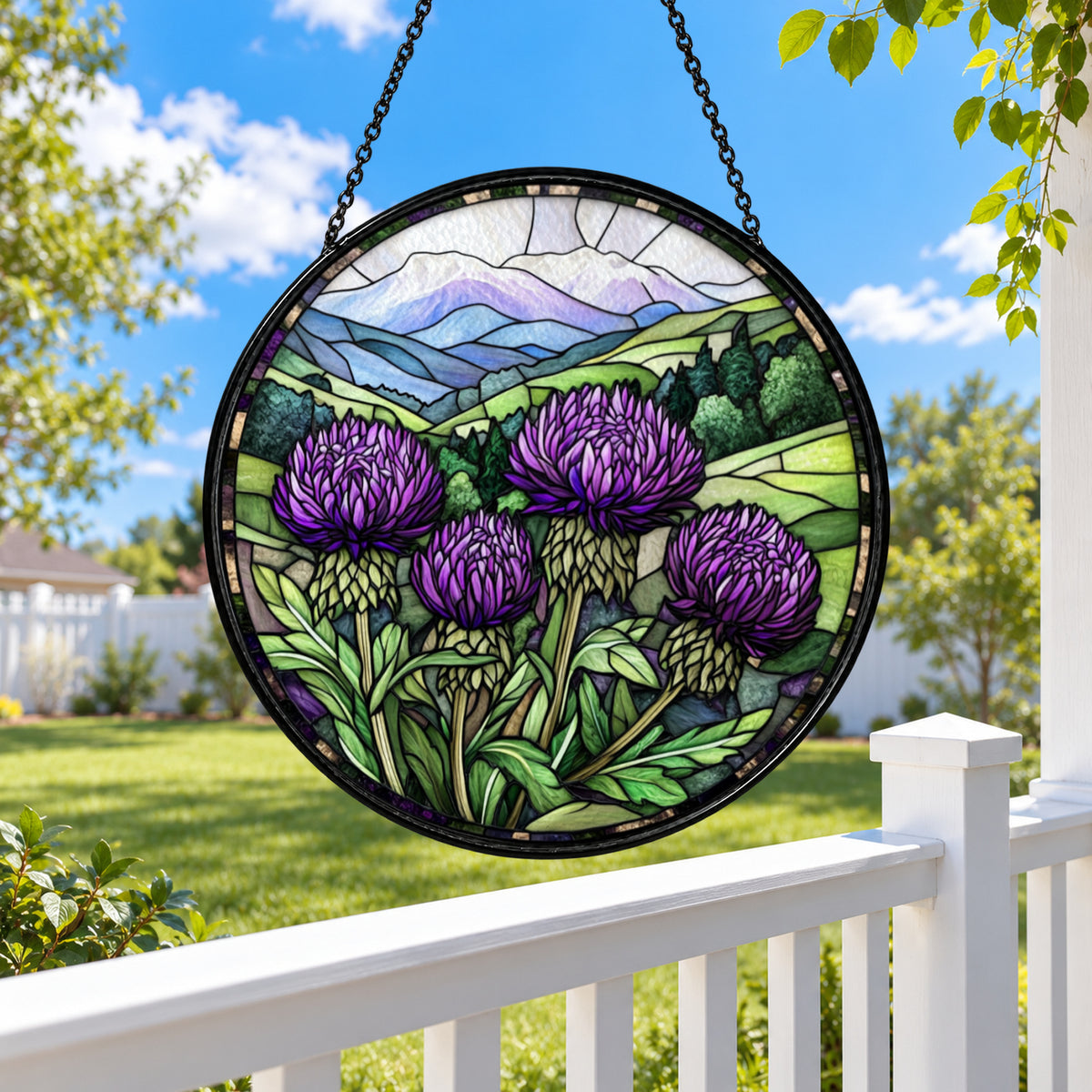 Purple Thistles over Green Mountains stained glass suncatcher window hanging – front design view