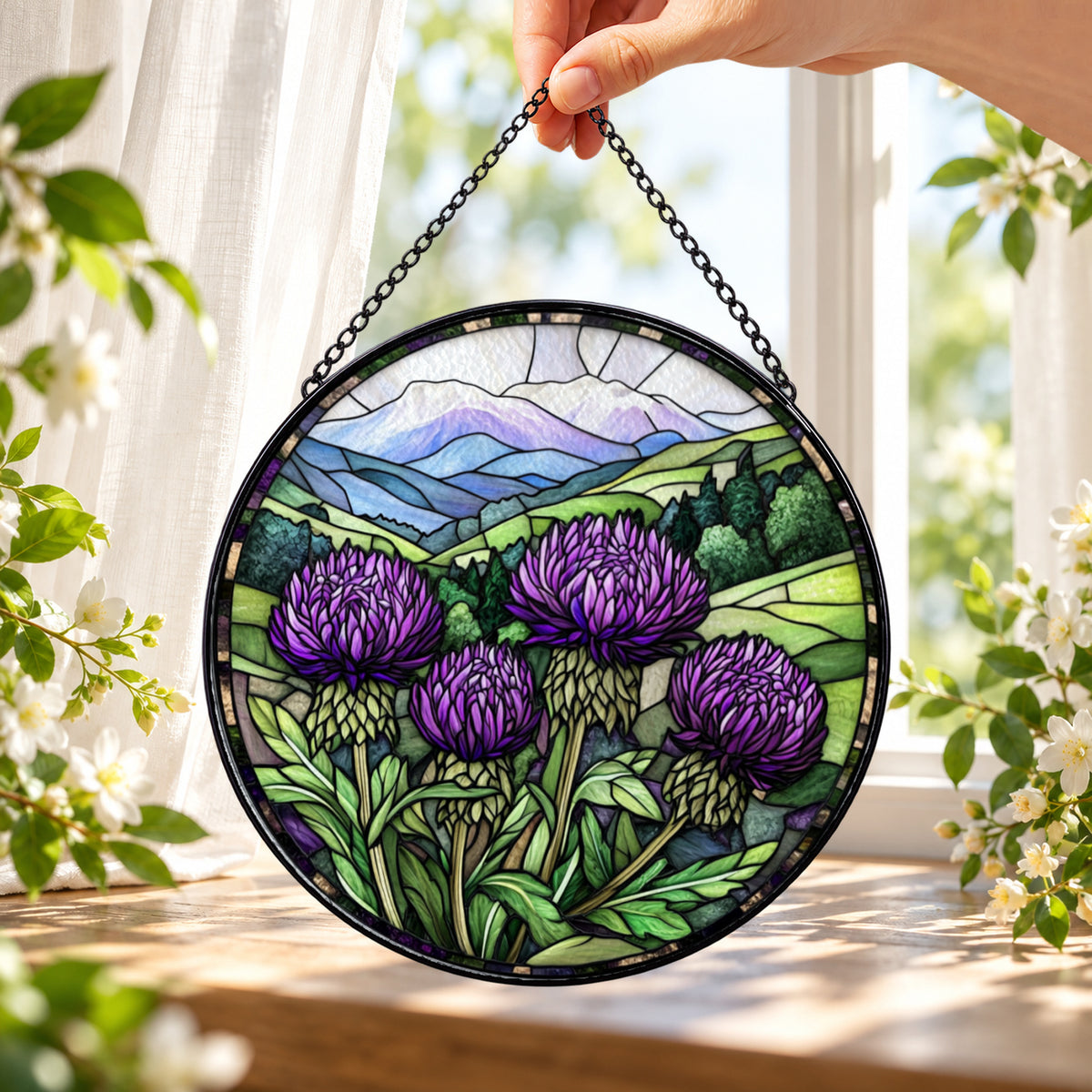 Purple Thistles over Green Mountains round stained glass window hanging – second gallery view