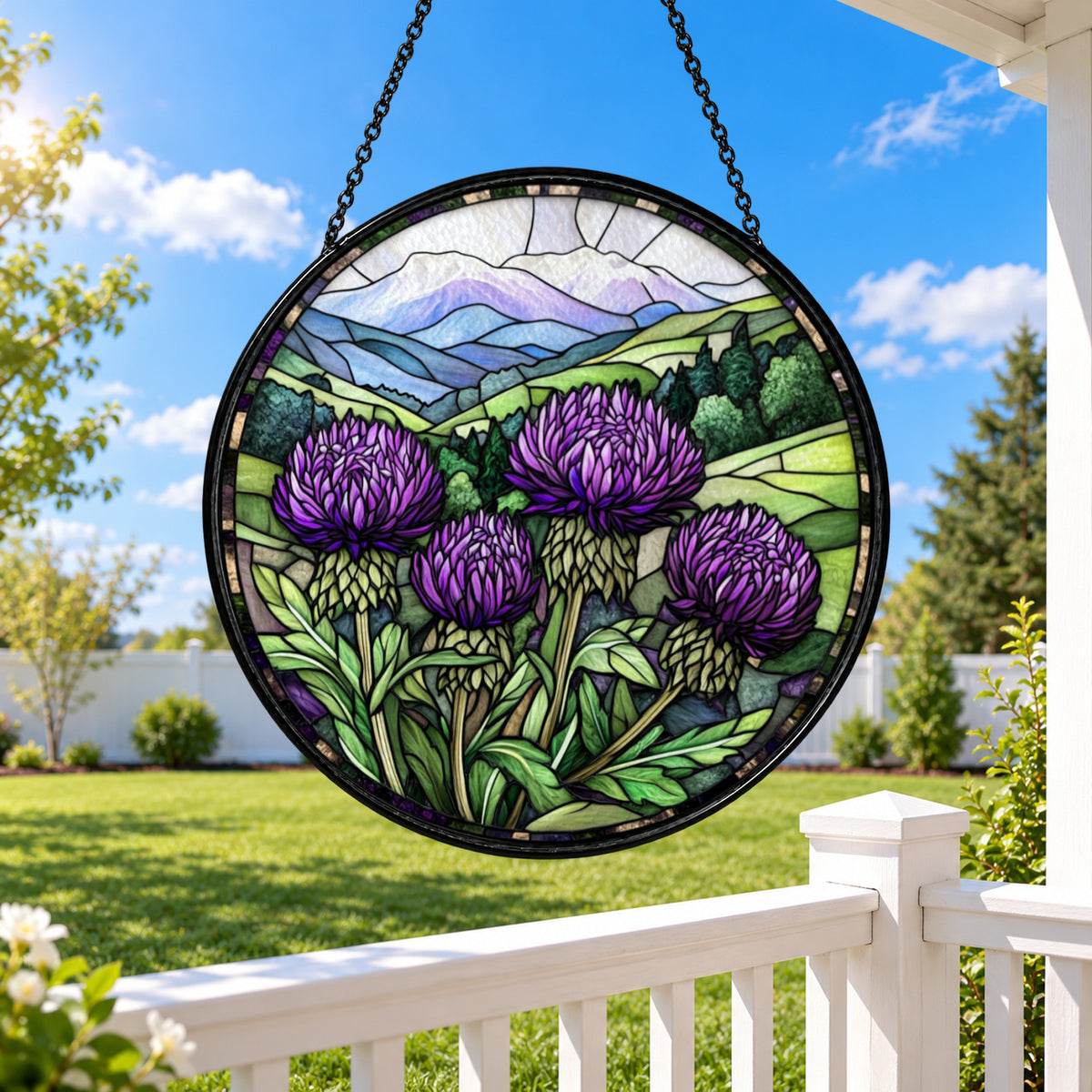 Purple Thistles over Green Mountains stained glass window suncatcher – third gallery view