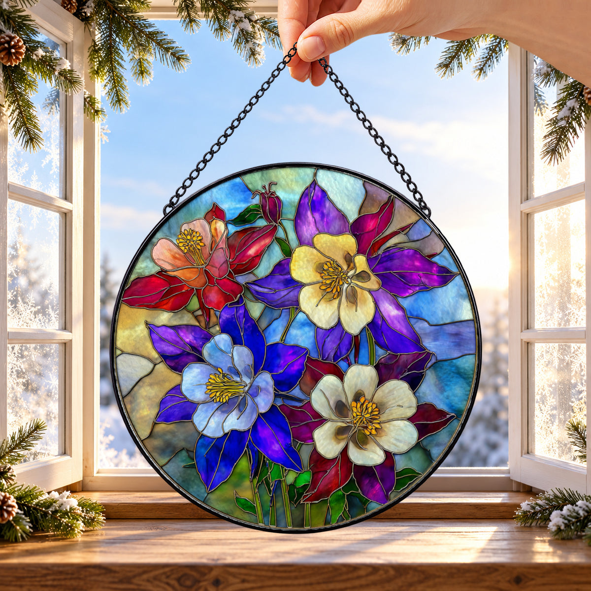 Rainbow Bouquet of Garden Flowers round stained glass window hanging – second gallery view