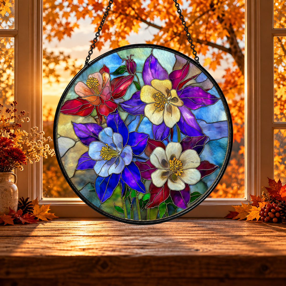 Rainbow Bouquet of Garden Flowers stained glass window suncatcher – third gallery view
