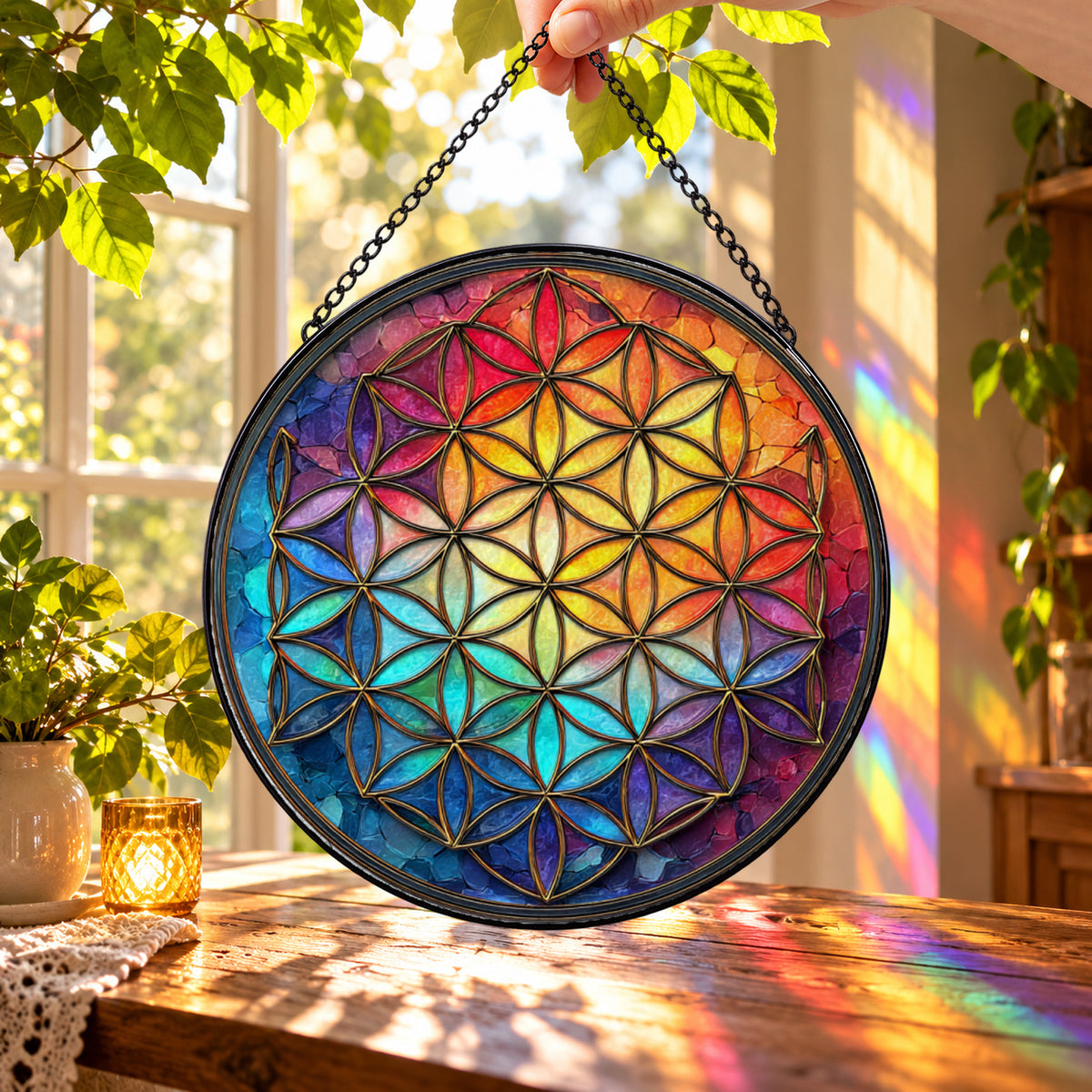 Rainbow Sacred Geometry Mandala round stained glass window hanging – second gallery view