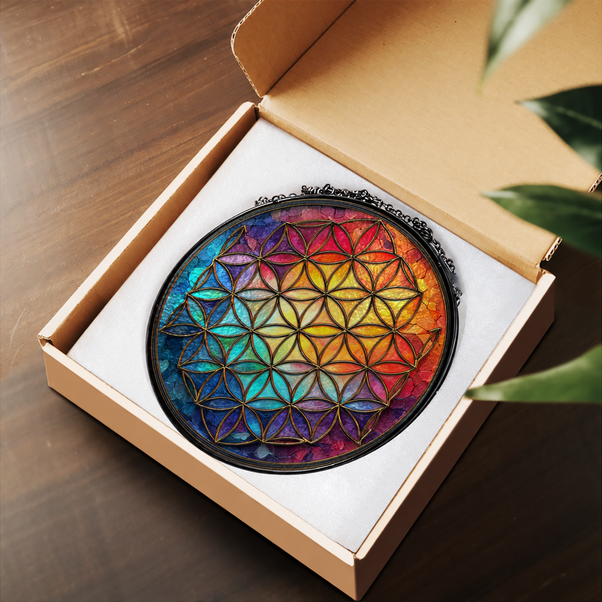 Rainbow Sacred Geometry Mandala stained glass suncatcher – flat printed artwork design