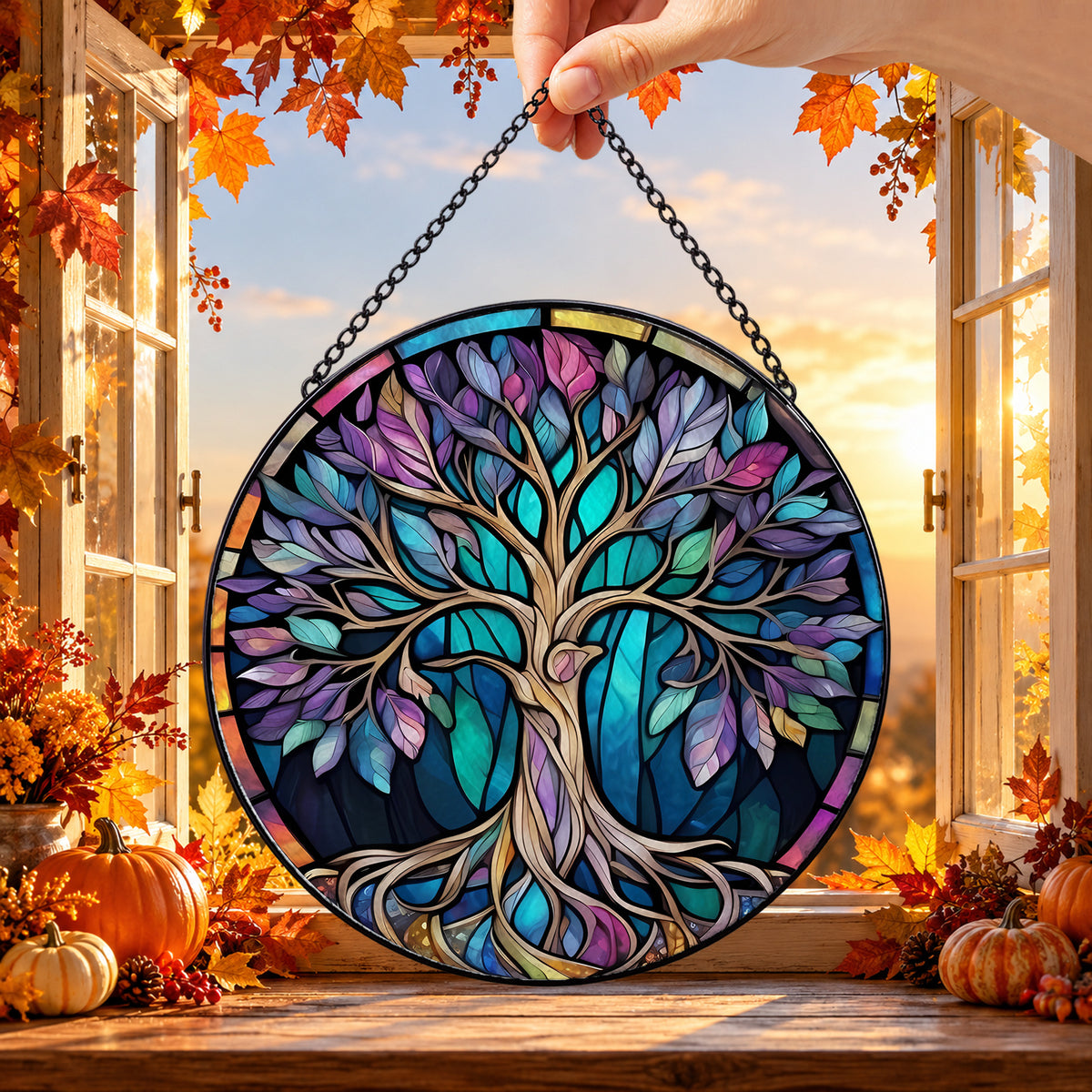 Rainbow Tree of Life with Deep Roots round stained glass window hanging – second gallery view