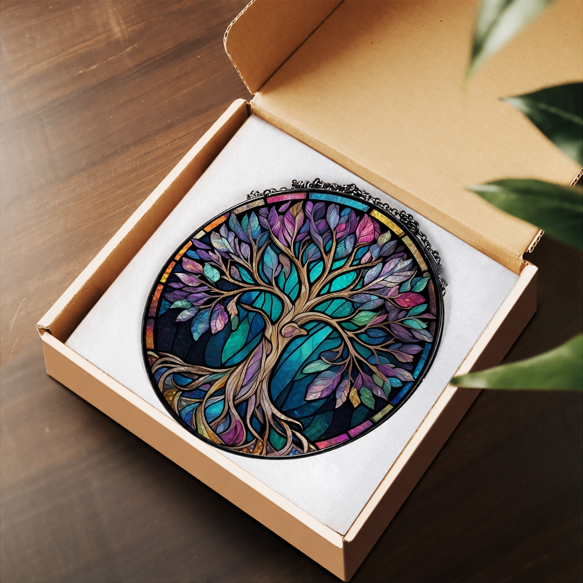 Rainbow Tree of Life with Deep Roots stained glass suncatcher – flat printed artwork design