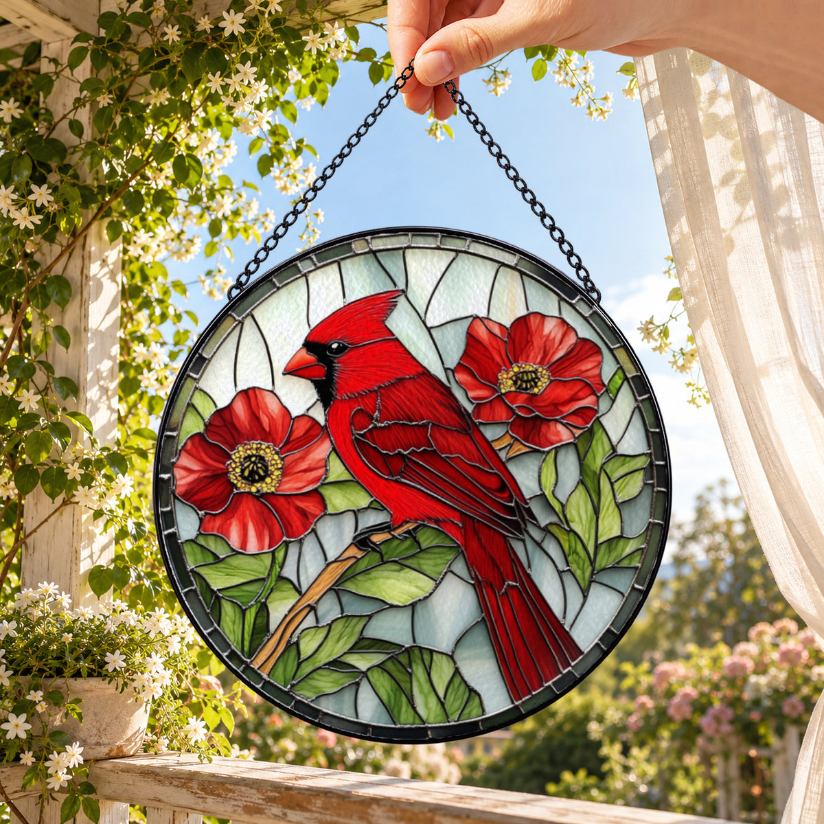 Red Cardinal with Bright Poppy Flowers round stained glass window hanging – second gallery view