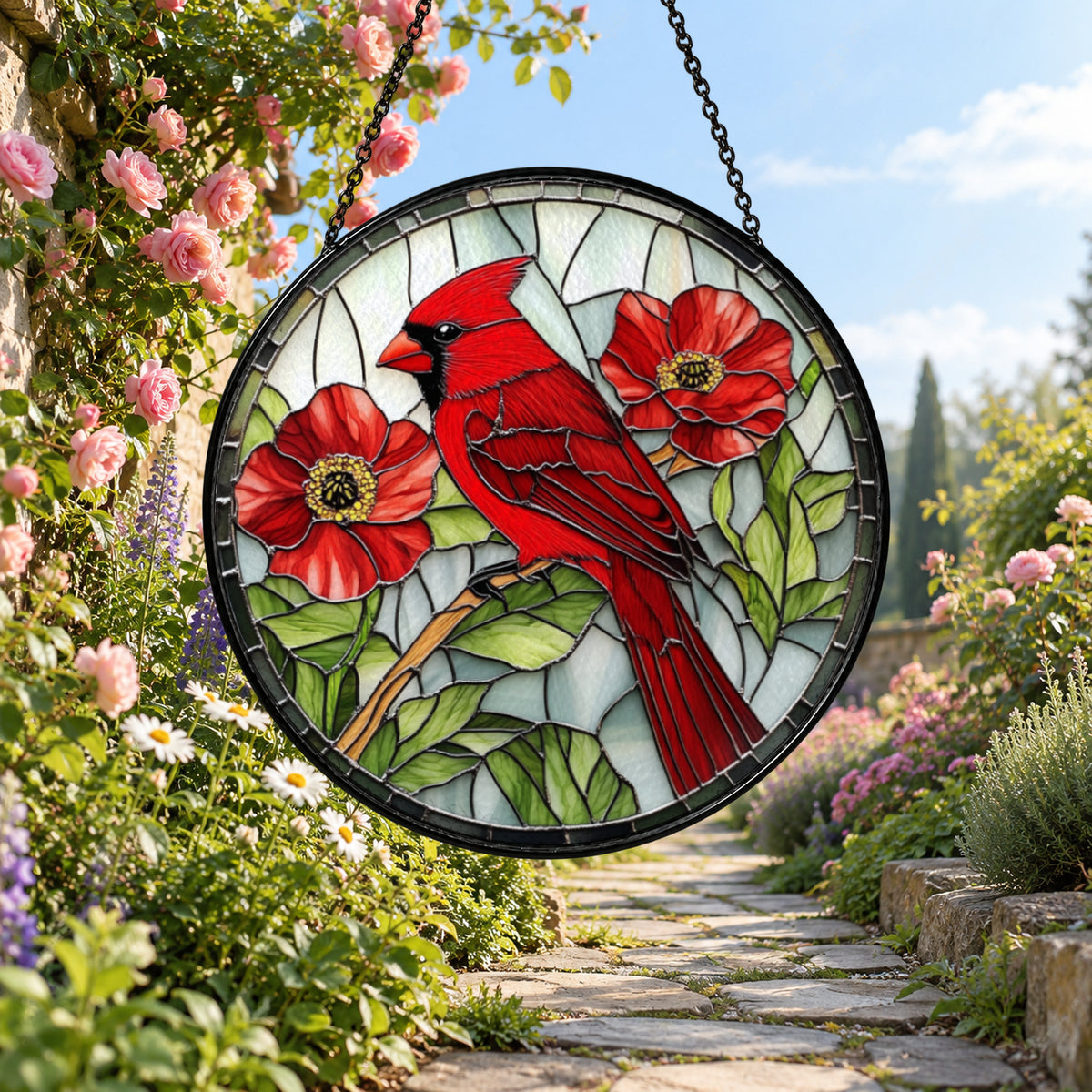 Red Cardinal with Bright Poppy Flowers stained glass window suncatcher – third gallery view