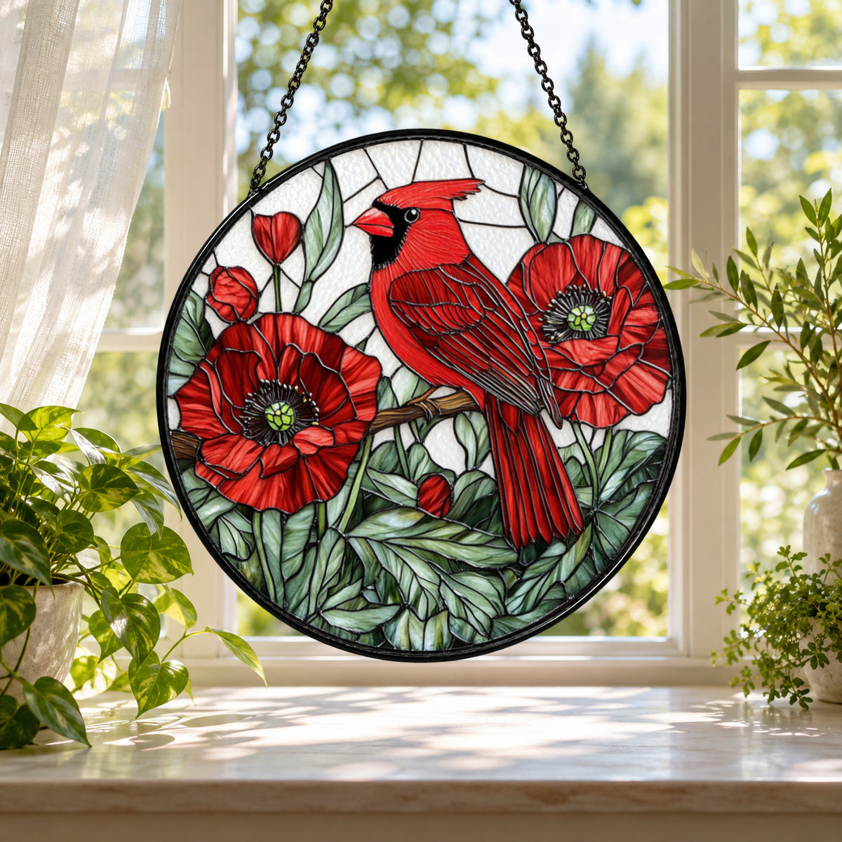 Red Cardinal with Red Poppies stained glass window suncatcher – third gallery view
