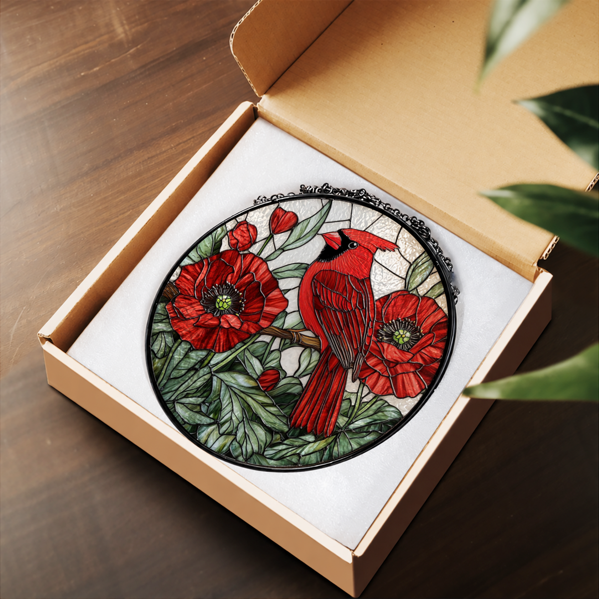 Red Cardinal with Red Poppies stained glass suncatcher – flat printed artwork design
