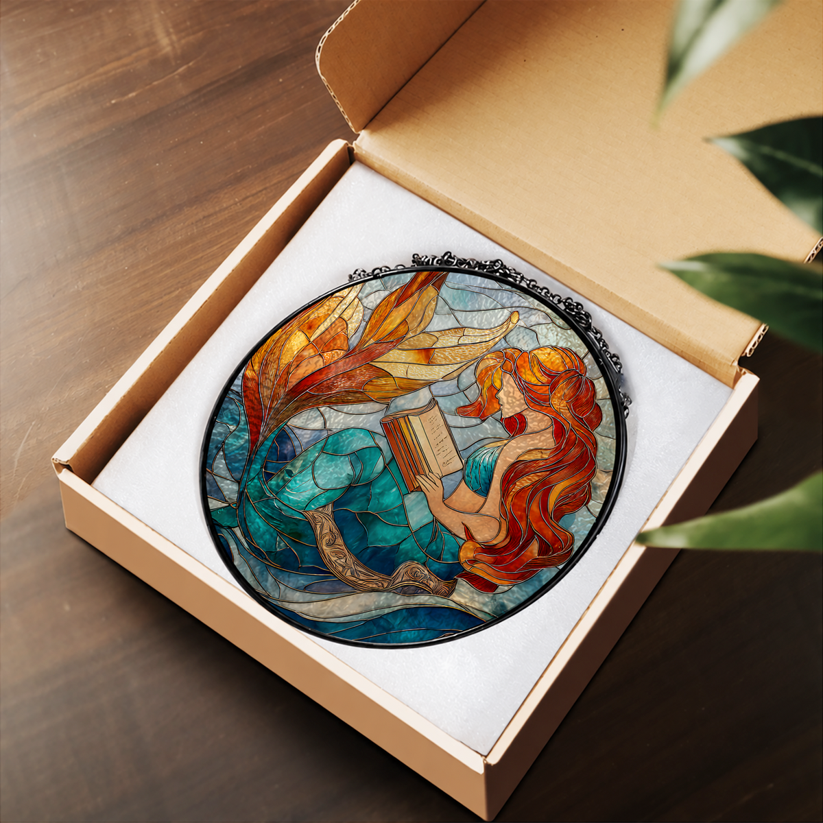 Red Haired Mermaid with Ocean Waves stained glass suncatcher – flat printed artwork design