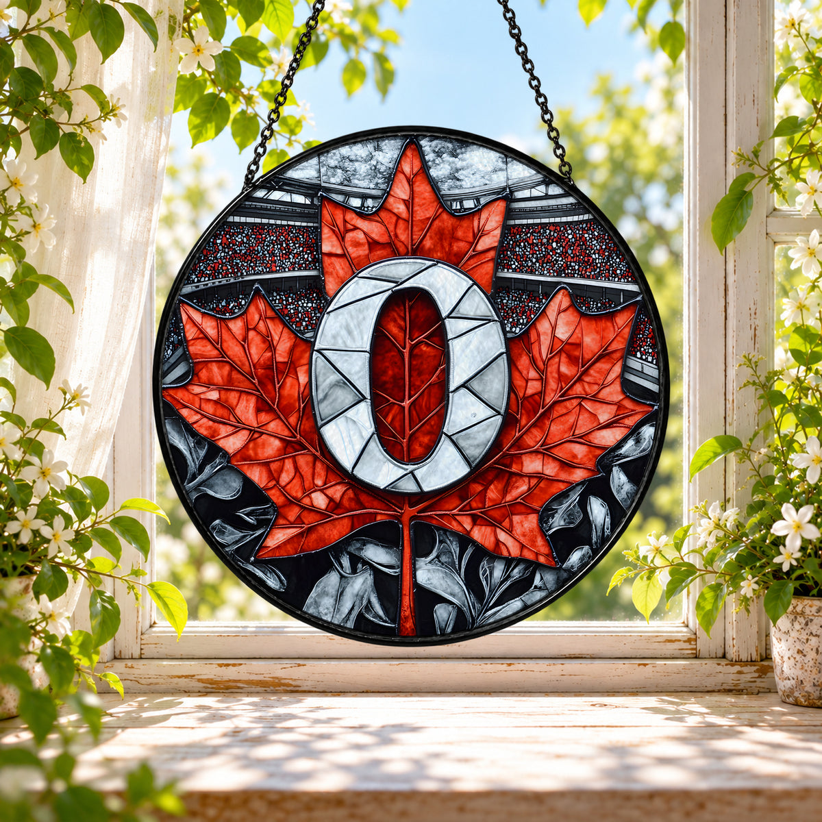 Red Maple Leaf with Canadian Symbol stained glass window suncatcher – third gallery view