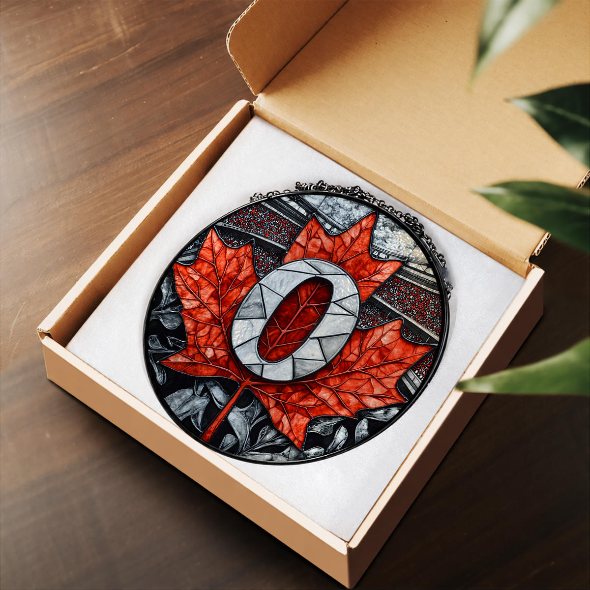 Red Maple Leaf with Canadian Symbol stained glass suncatcher – flat printed artwork design