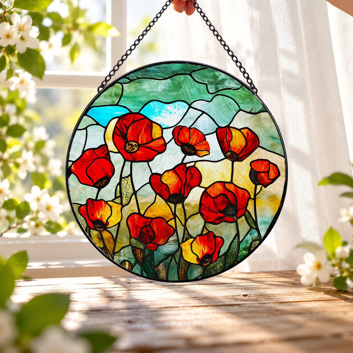 Red Poppy Flowers in Green Meadow stained glass window suncatcher – third gallery view