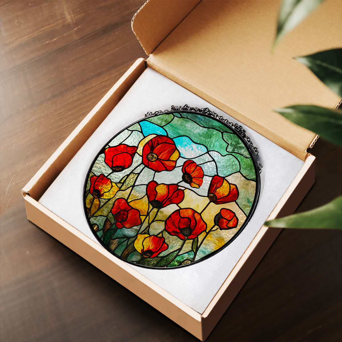 Red Poppy Flowers in Green Meadow stained glass suncatcher – flat printed artwork design