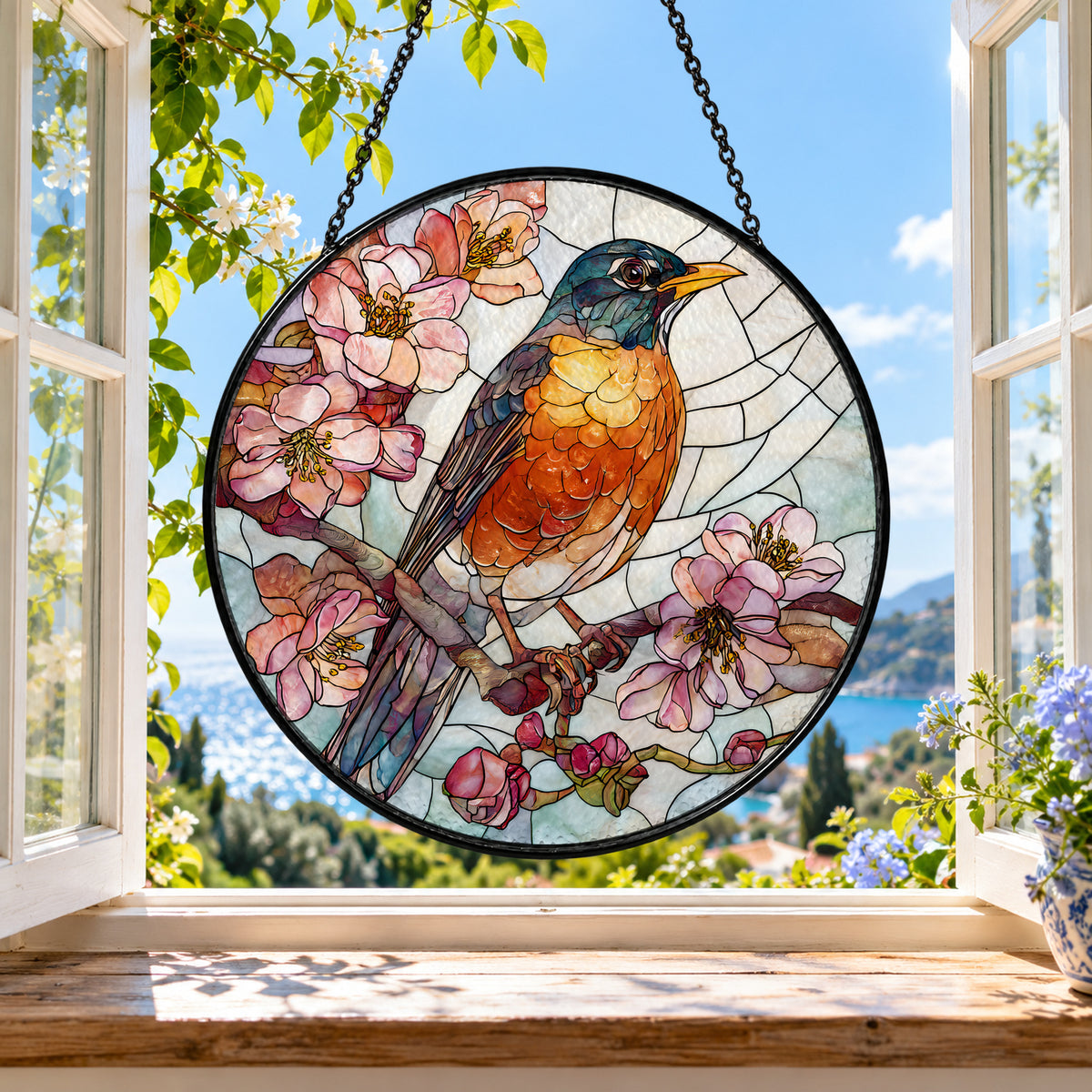 Robin on Pink Cherry Blossom Branch stained glass suncatcher window hanging – front design view
