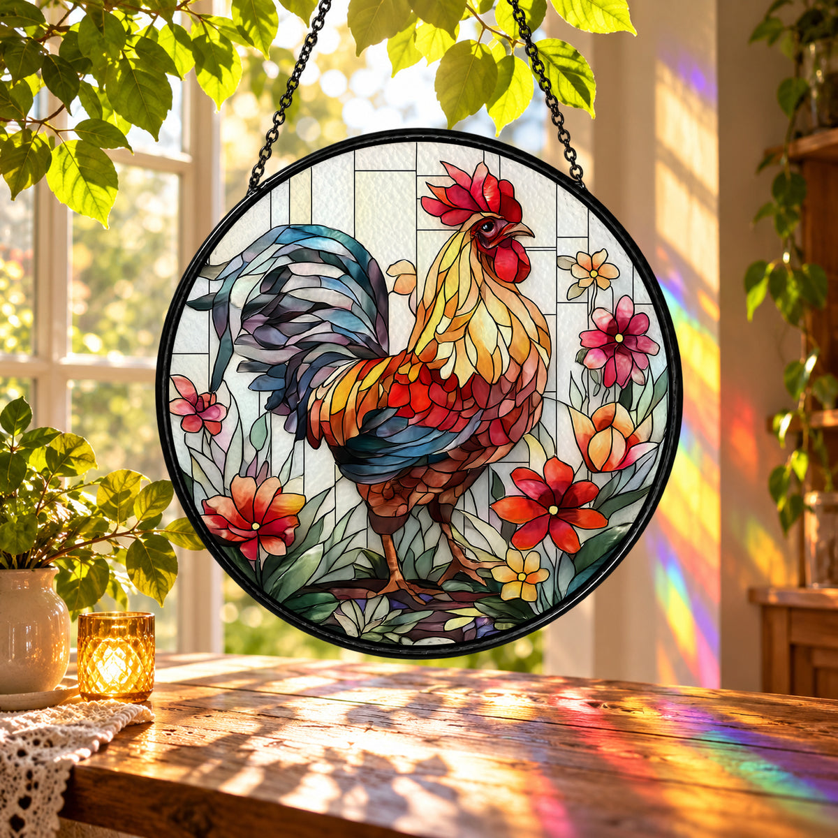 Rooster on Flowering Branch stained glass suncatcher window hanging – front design view