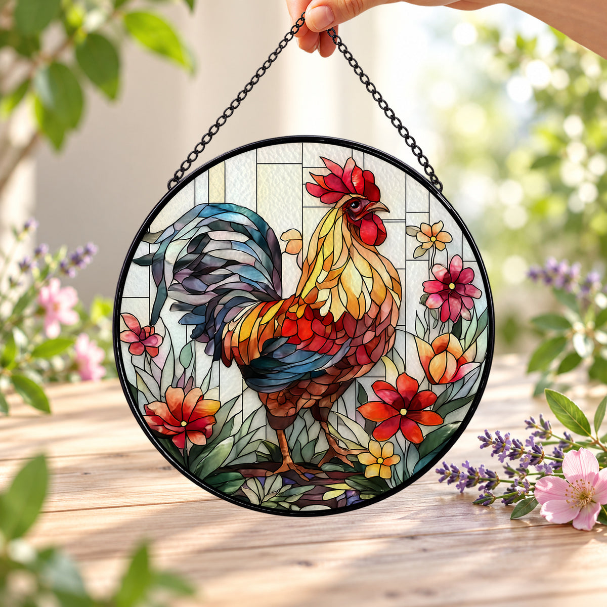 Rooster on Flowering Branch round stained glass window hanging – second gallery view