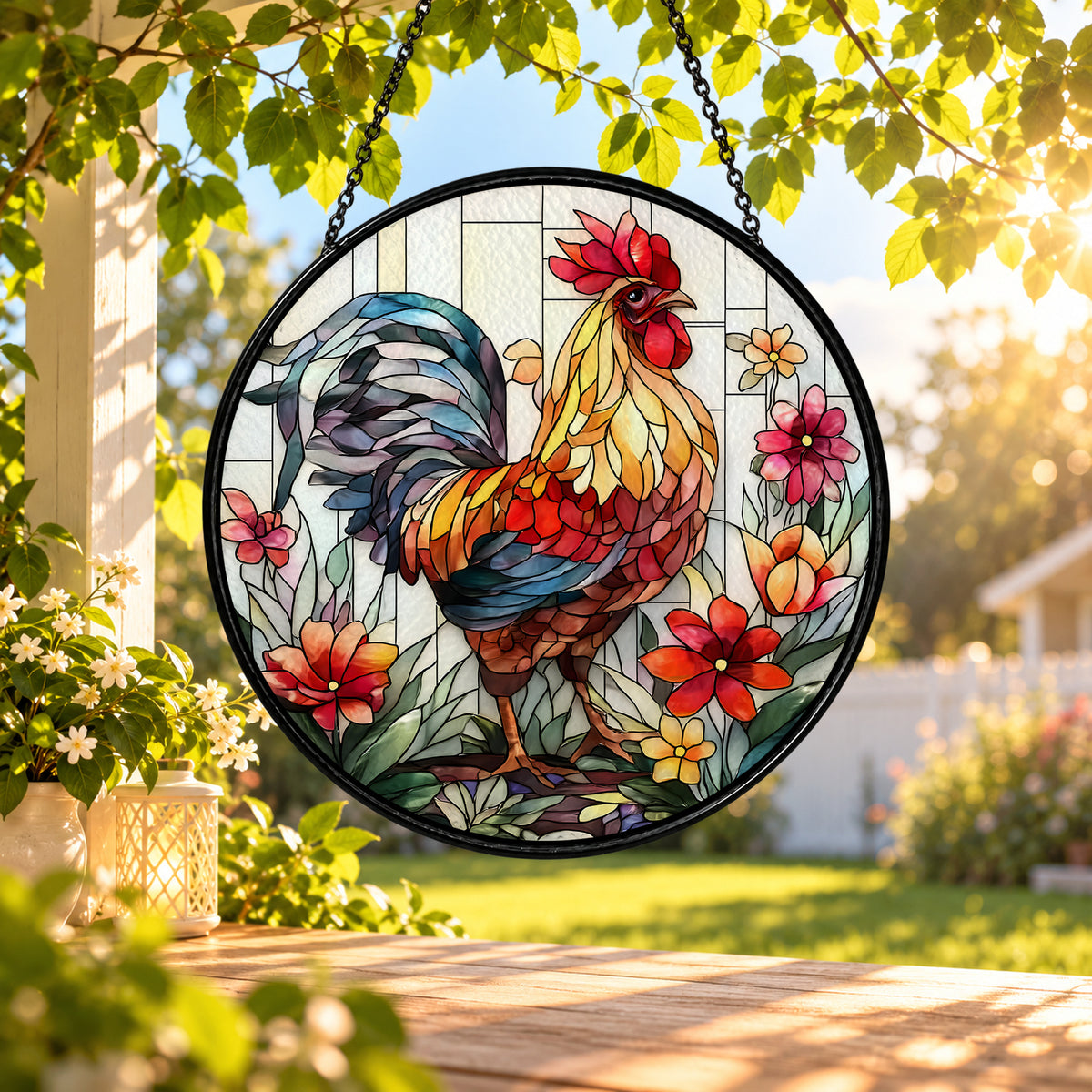 Rooster on Flowering Branch stained glass window suncatcher – third gallery view