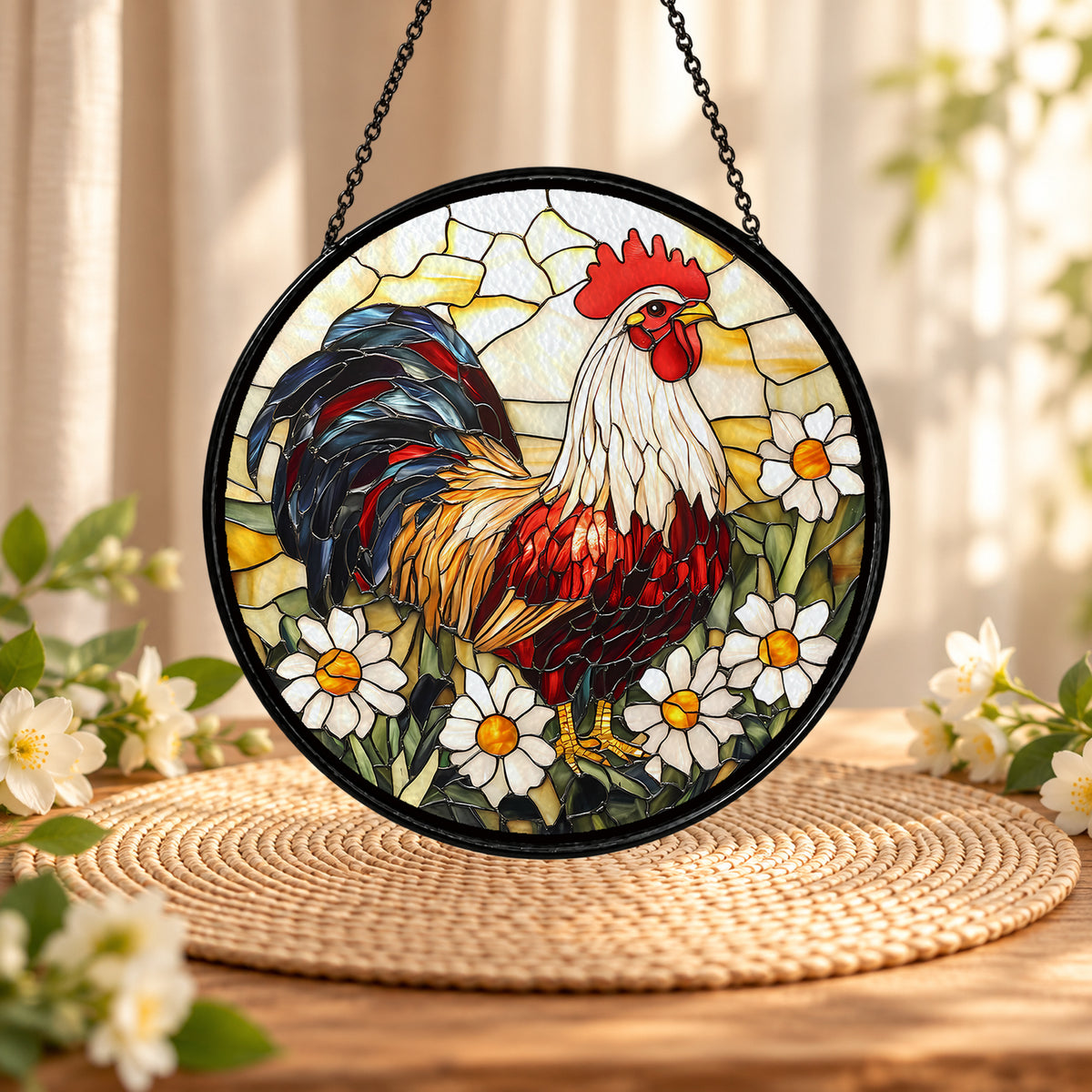 Rooster with White Daisy Flowers stained glass suncatcher window hanging – front design view