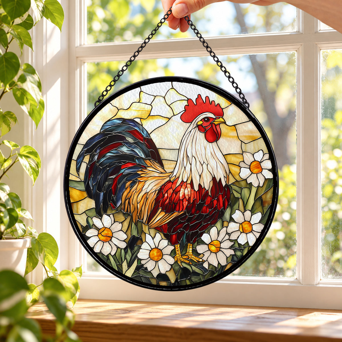Rooster with White Daisy Flowers round stained glass window hanging – second gallery view