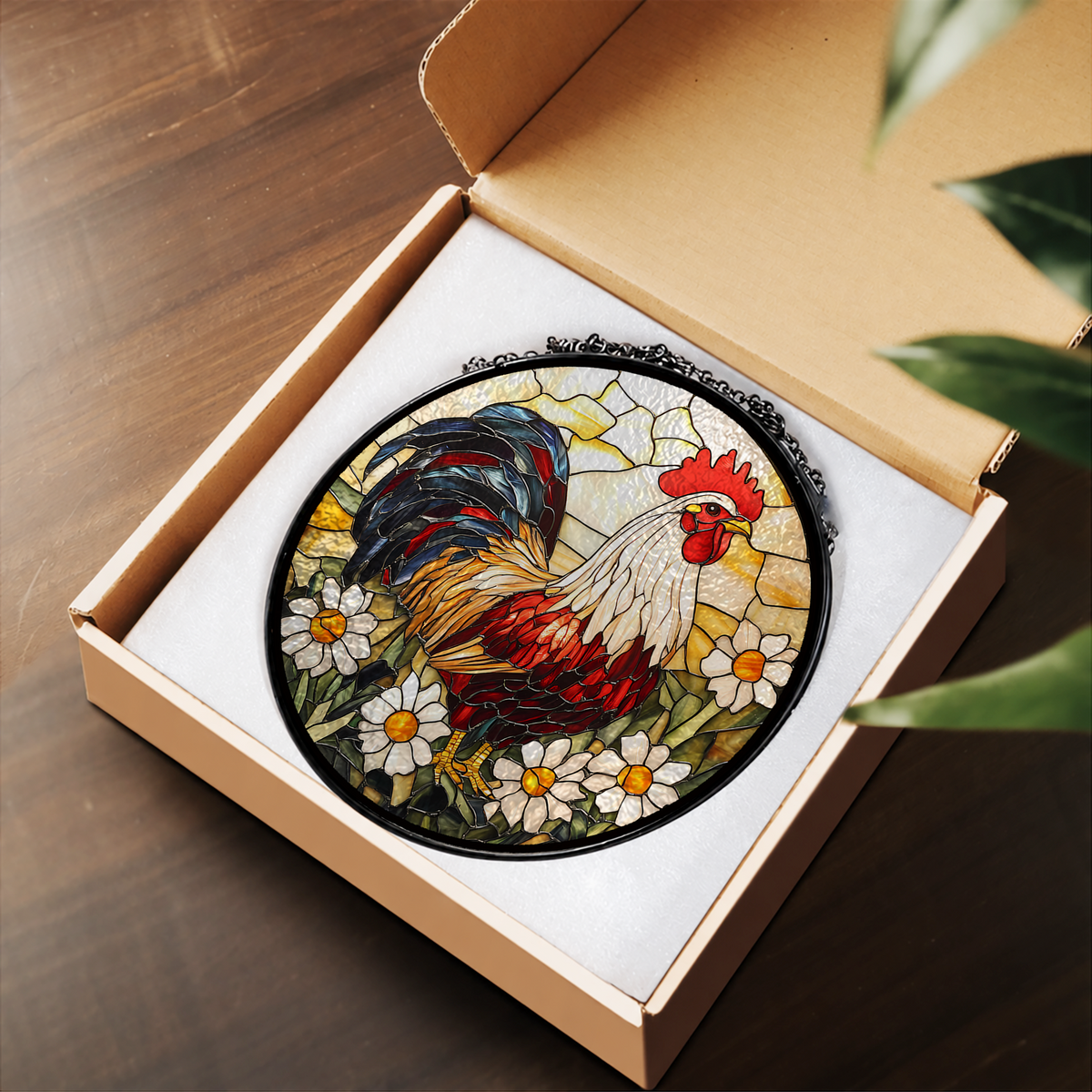 Rooster with White Daisy Flowers stained glass suncatcher – flat printed artwork design