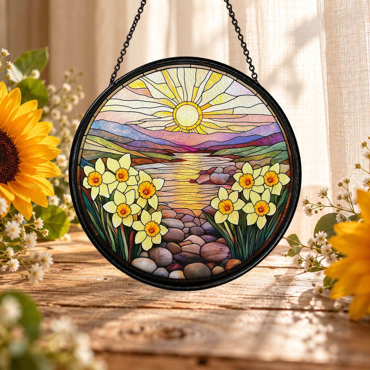 Seaside Sunset with Yellow Daisies stained glass suncatcher window hanging – front design view