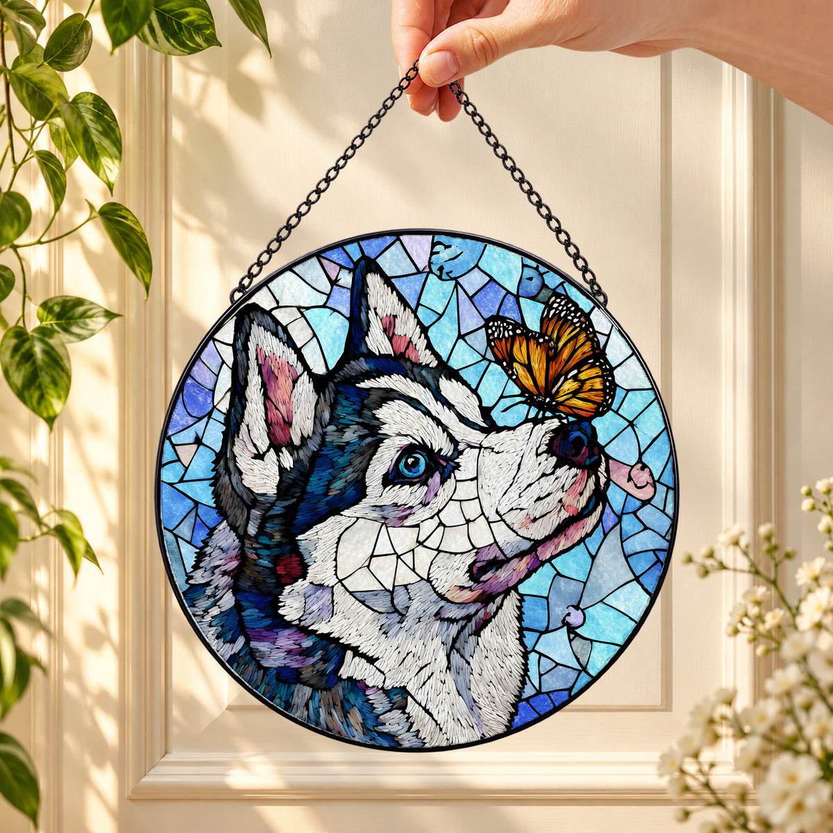 Siberian Husky and Monarch Butterfly round stained glass window hanging – second gallery view