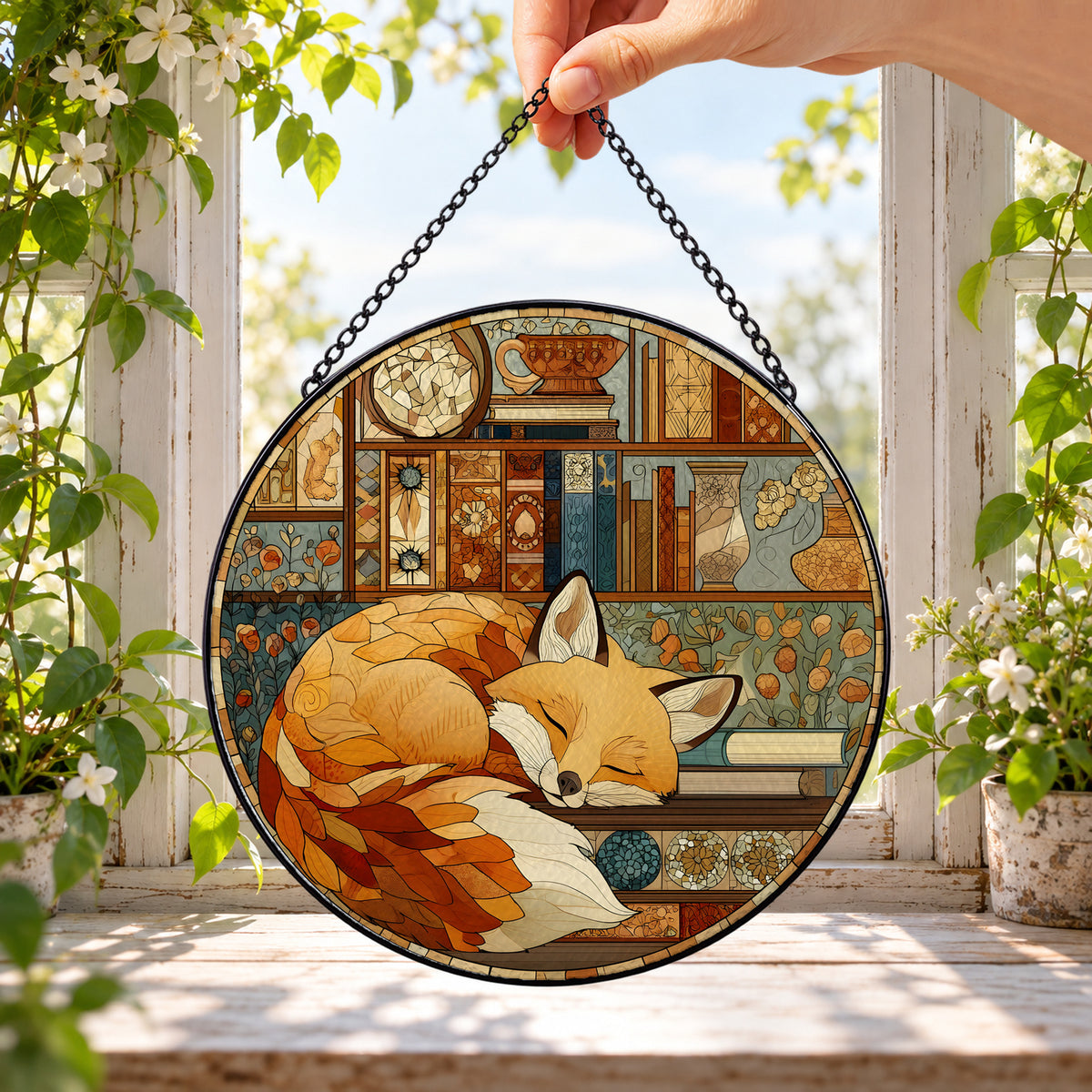 Sleeping Fox by Cozy Fireplace round stained glass window hanging – second gallery view