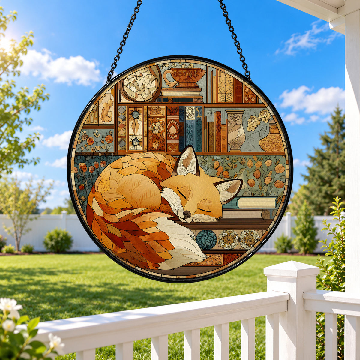 Sleeping Fox by Cozy Fireplace stained glass window suncatcher – third gallery view
