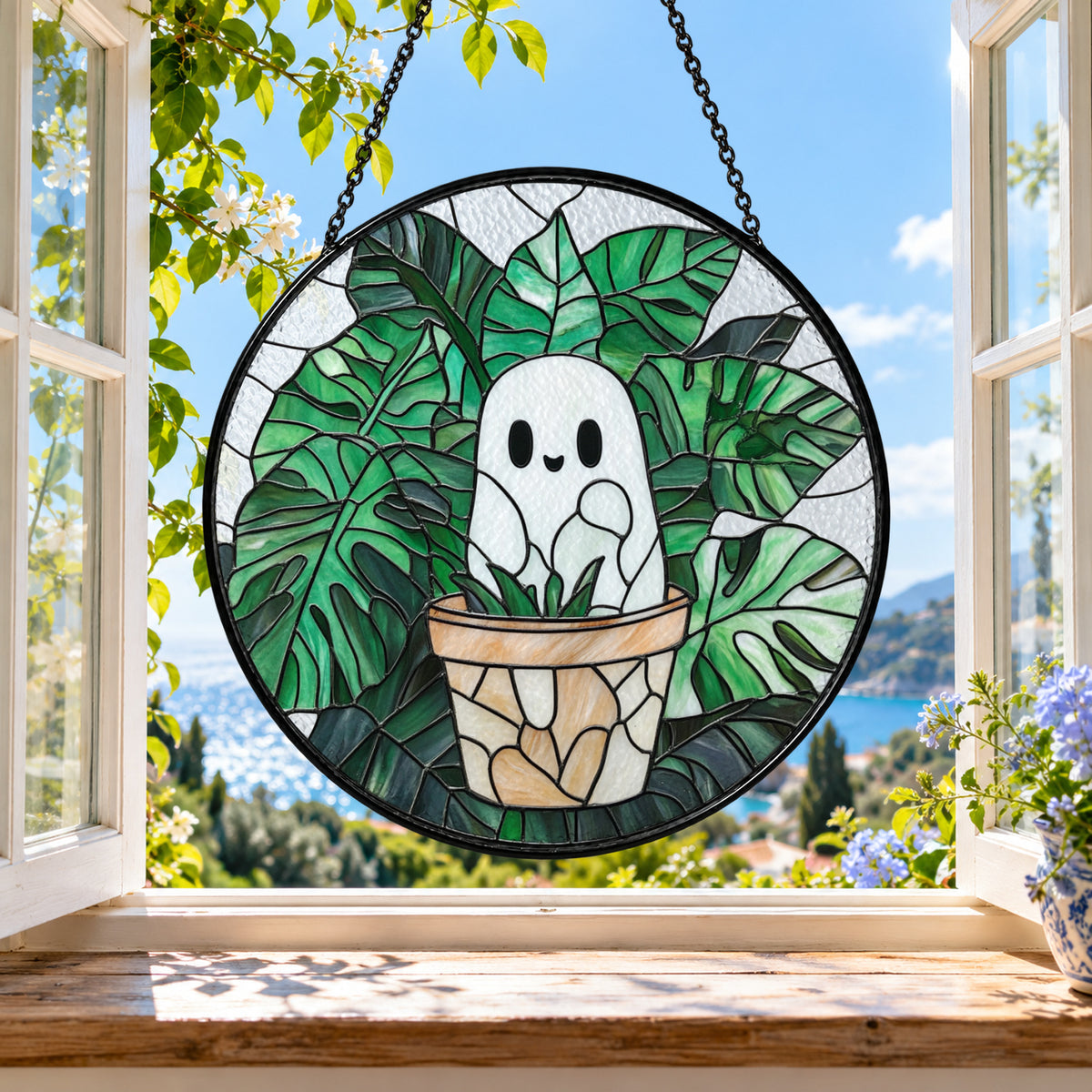 Small White Ghost in Potted Plant stained glass suncatcher window hanging – front design view