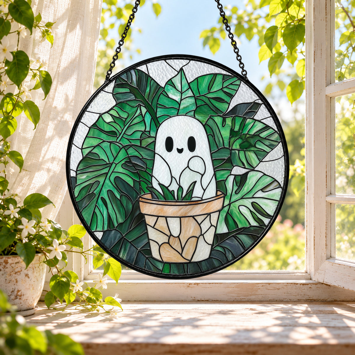 Small White Ghost in Potted Plant stained glass window suncatcher – third gallery view